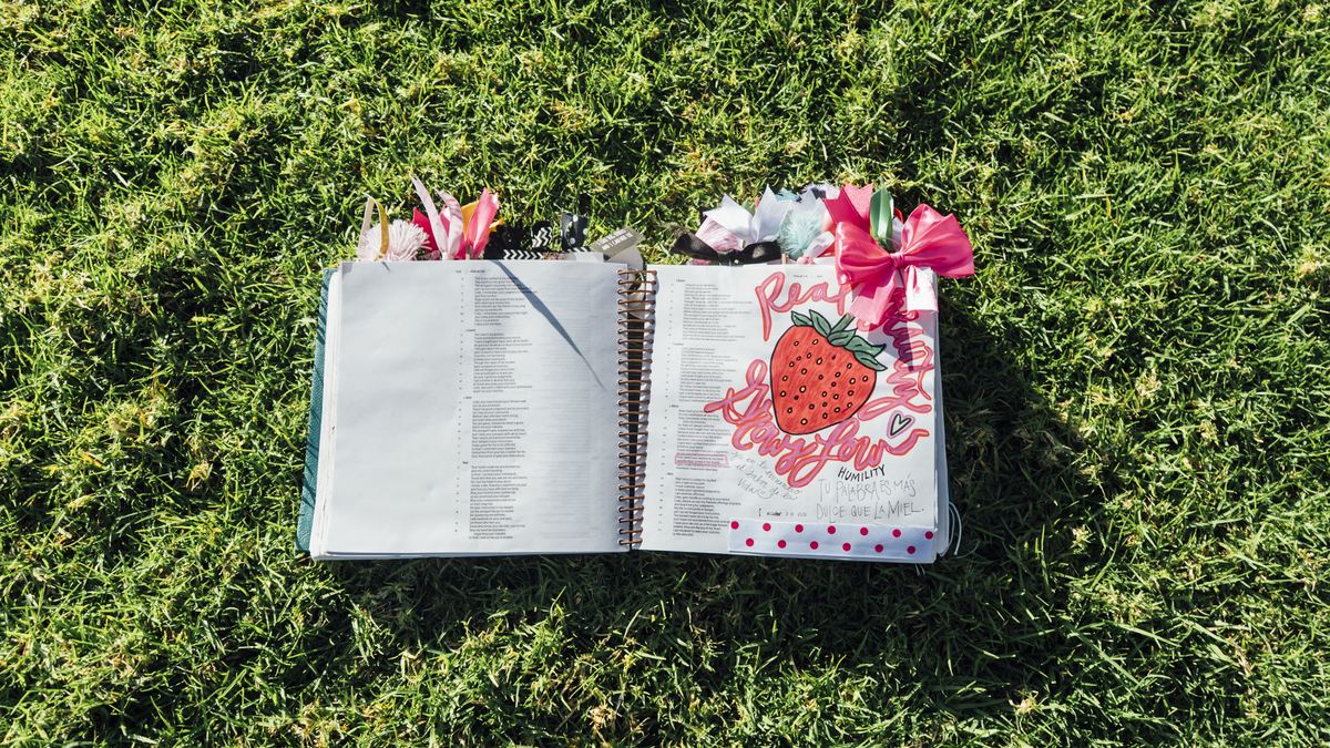 Biblia y cuaderno de journaling sobre el pasto, con plumones y stickers alrededor.